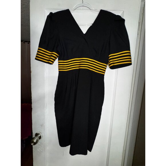 Black & Yellow Striped Vintage Dress With V-Neck & Short Sleeves Medium Eighties - Picture 1 of 6